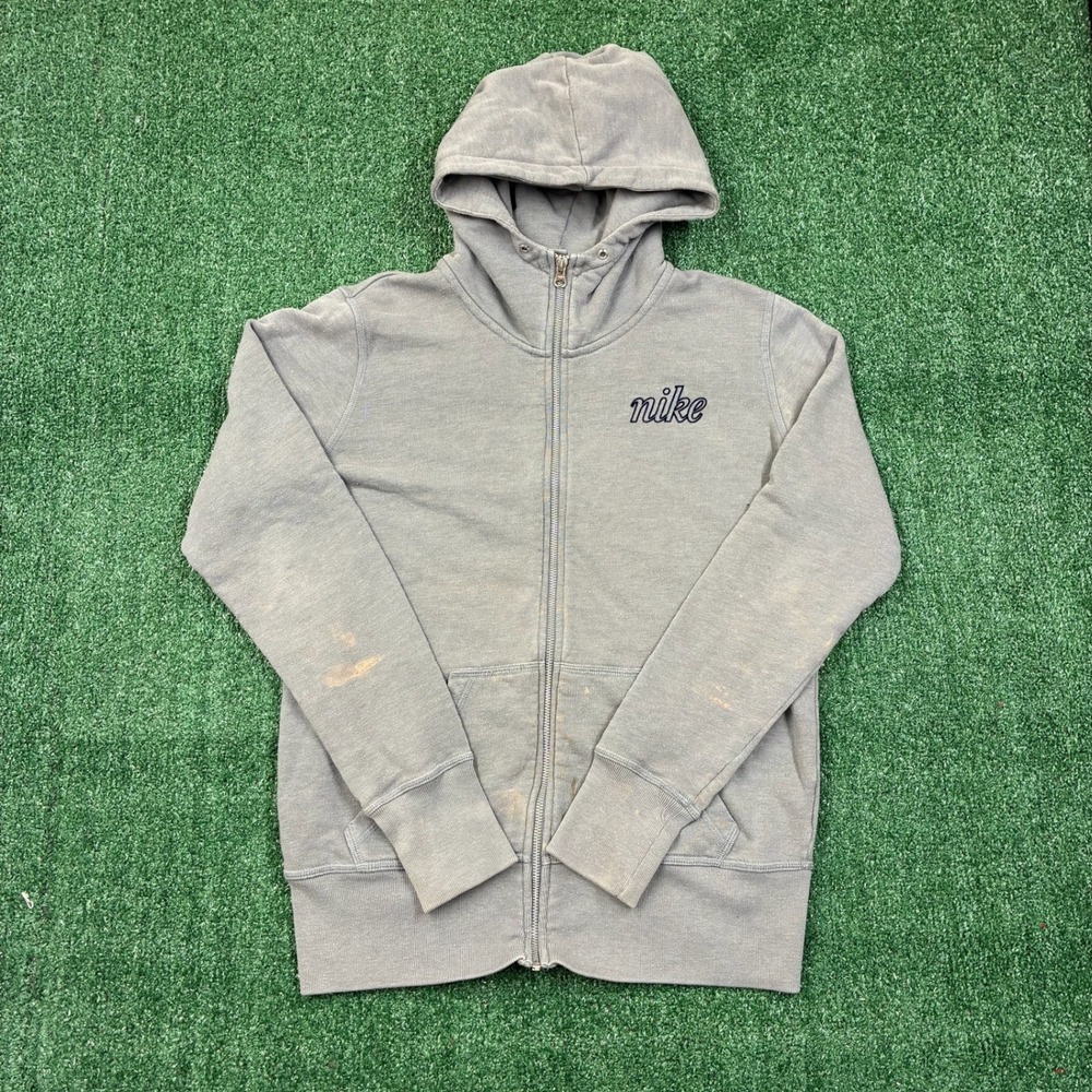 Y2K Nike Full Zip‎ Hoodie Sweatshirt Faded Grey Script Logo
